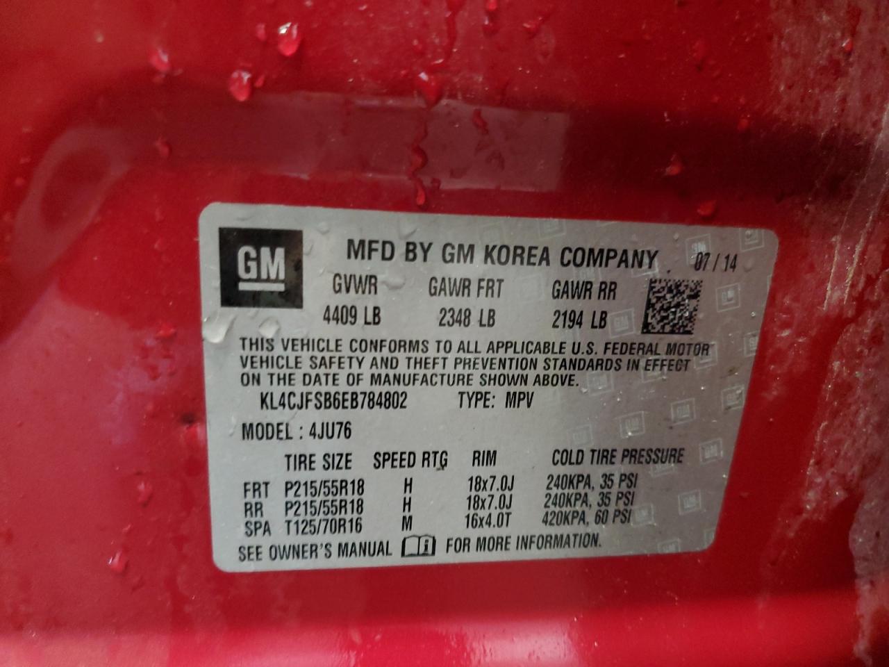 2014 Buick Encore Convenience VIN: KL4CJFSB6EB784802 Lot: 56685865
