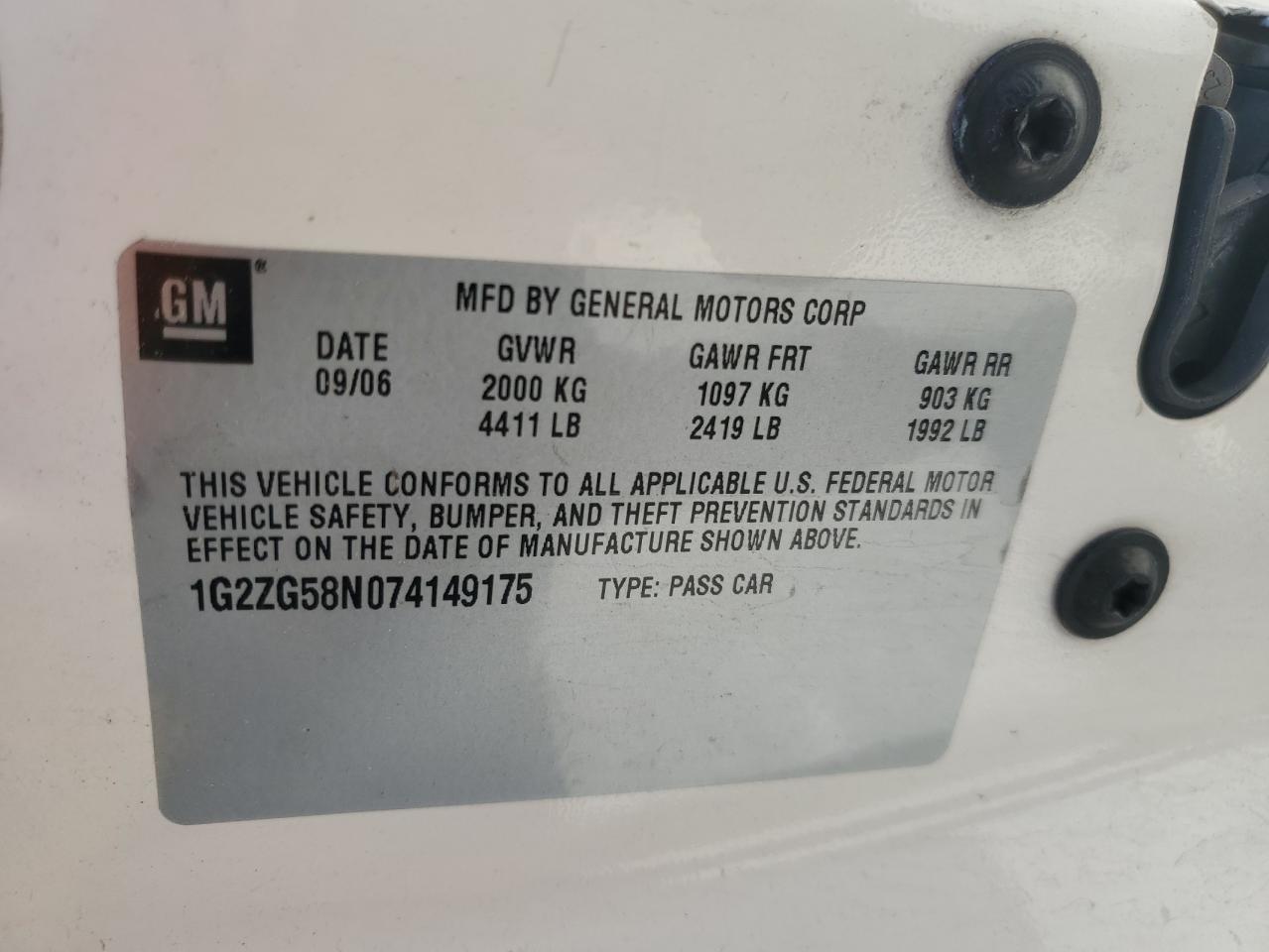 2007 Pontiac G6 Base VIN: 1G2ZG58N074149175 Lot: 57104055