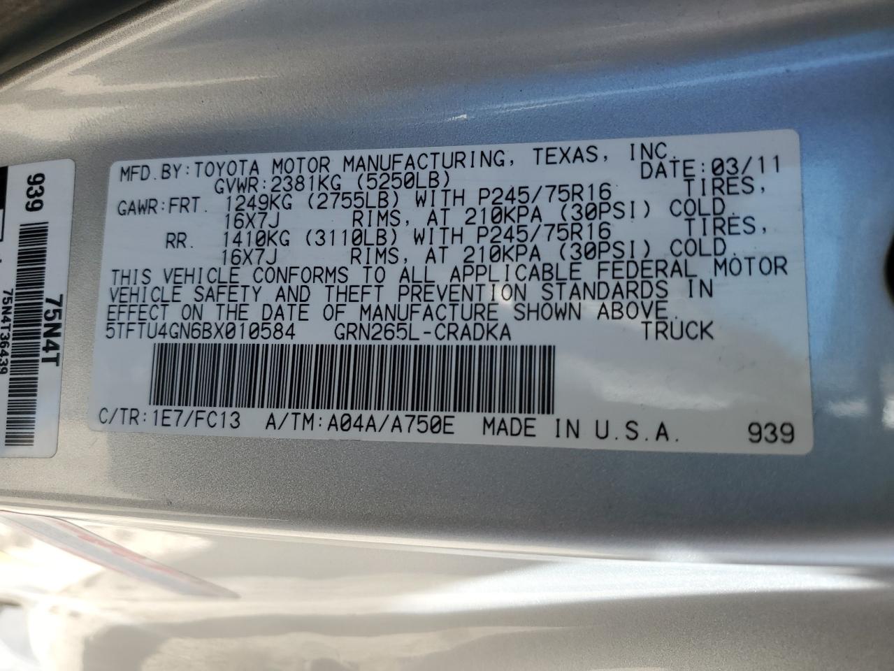 2011 Toyota Tacoma Prerunner Access Cab VIN: 5TFTU4GN6BX010584 Lot: 57284685