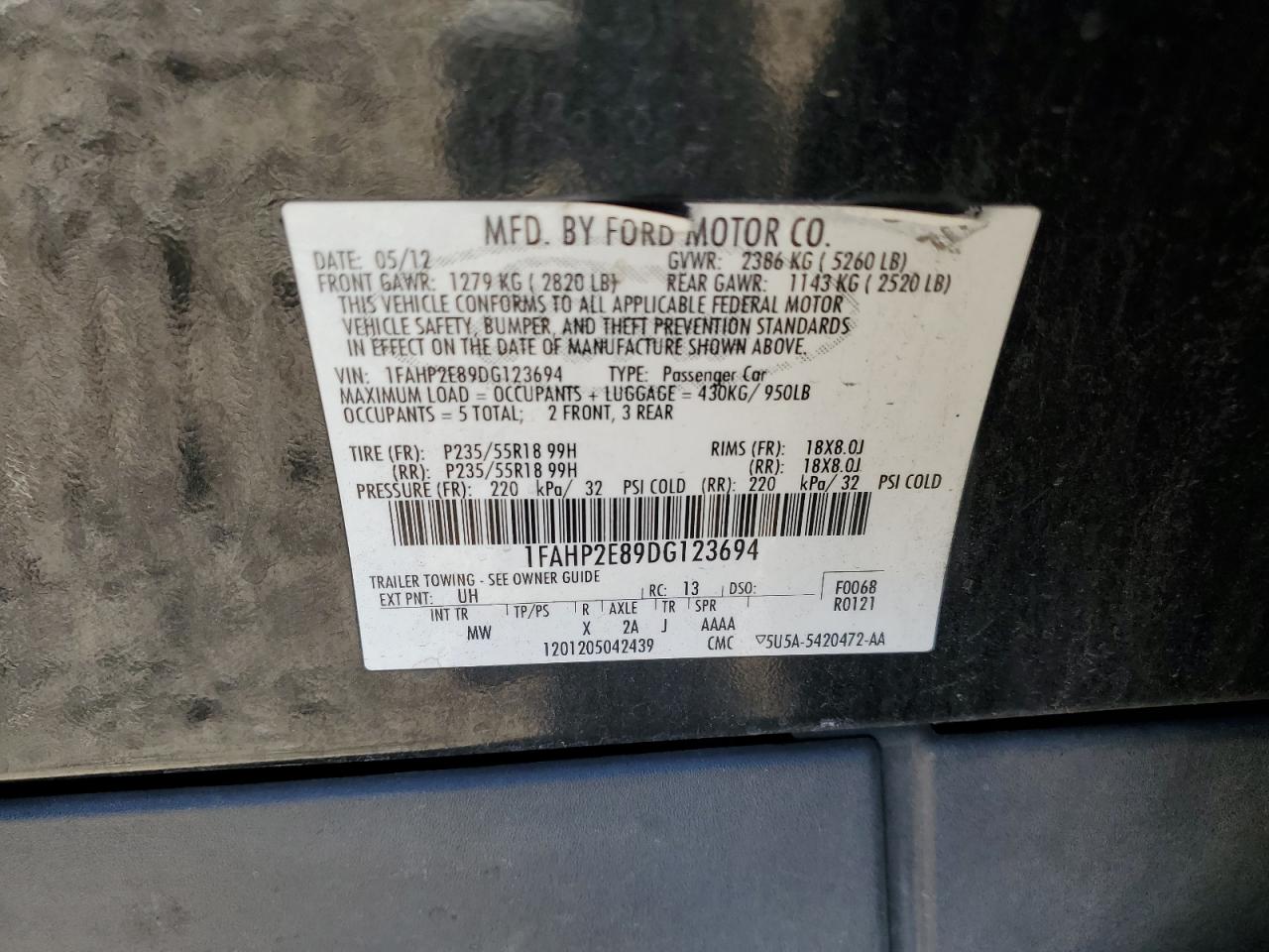 2013 Ford Taurus Sel VIN: 1FAHP2E89DG123694 Lot: 56893255