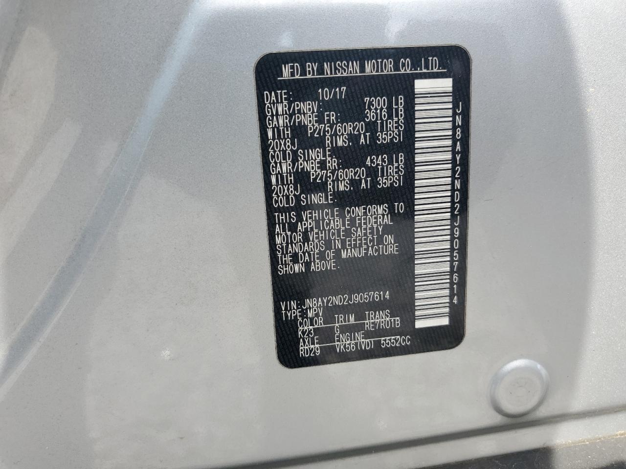 2018 Nissan Armada Sv VIN: JN8AY2ND2J9057614 Lot: 56989015