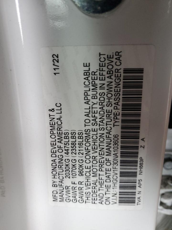2022 Honda Accord Sport VIN: 1HGCV1F30NA103606 Lot: 56649675
