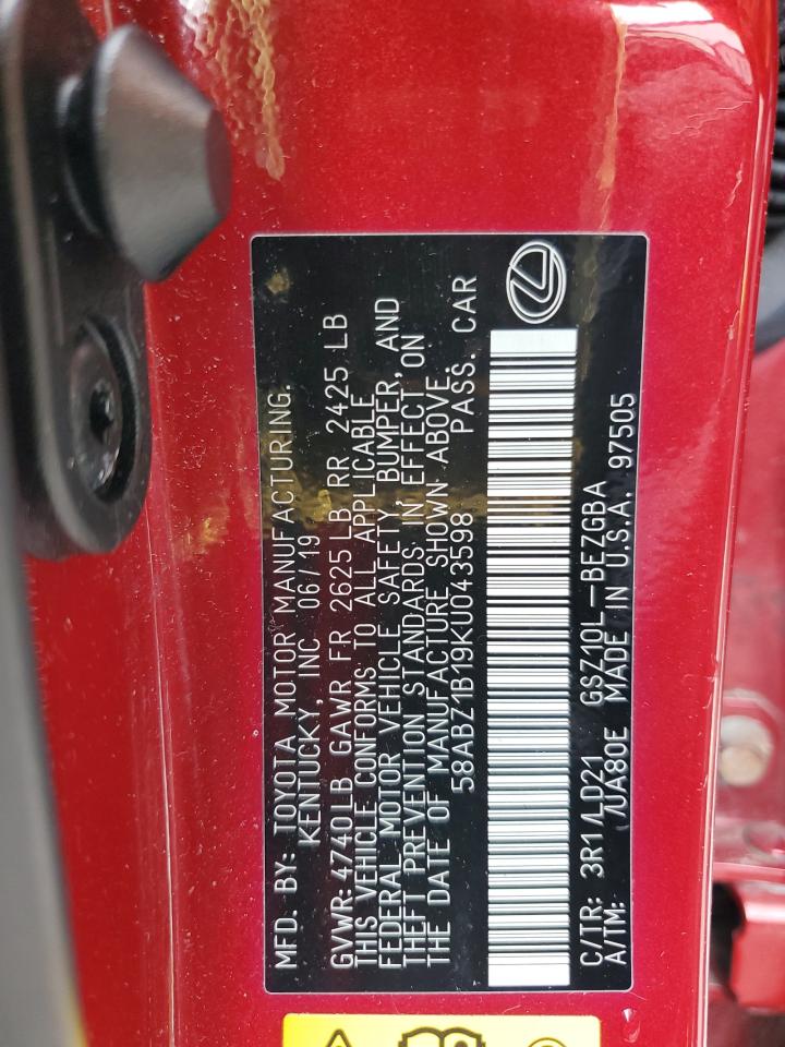 2019 Lexus Es 350 VIN: 58ABZ1B19KU043598 Lot: 58126595