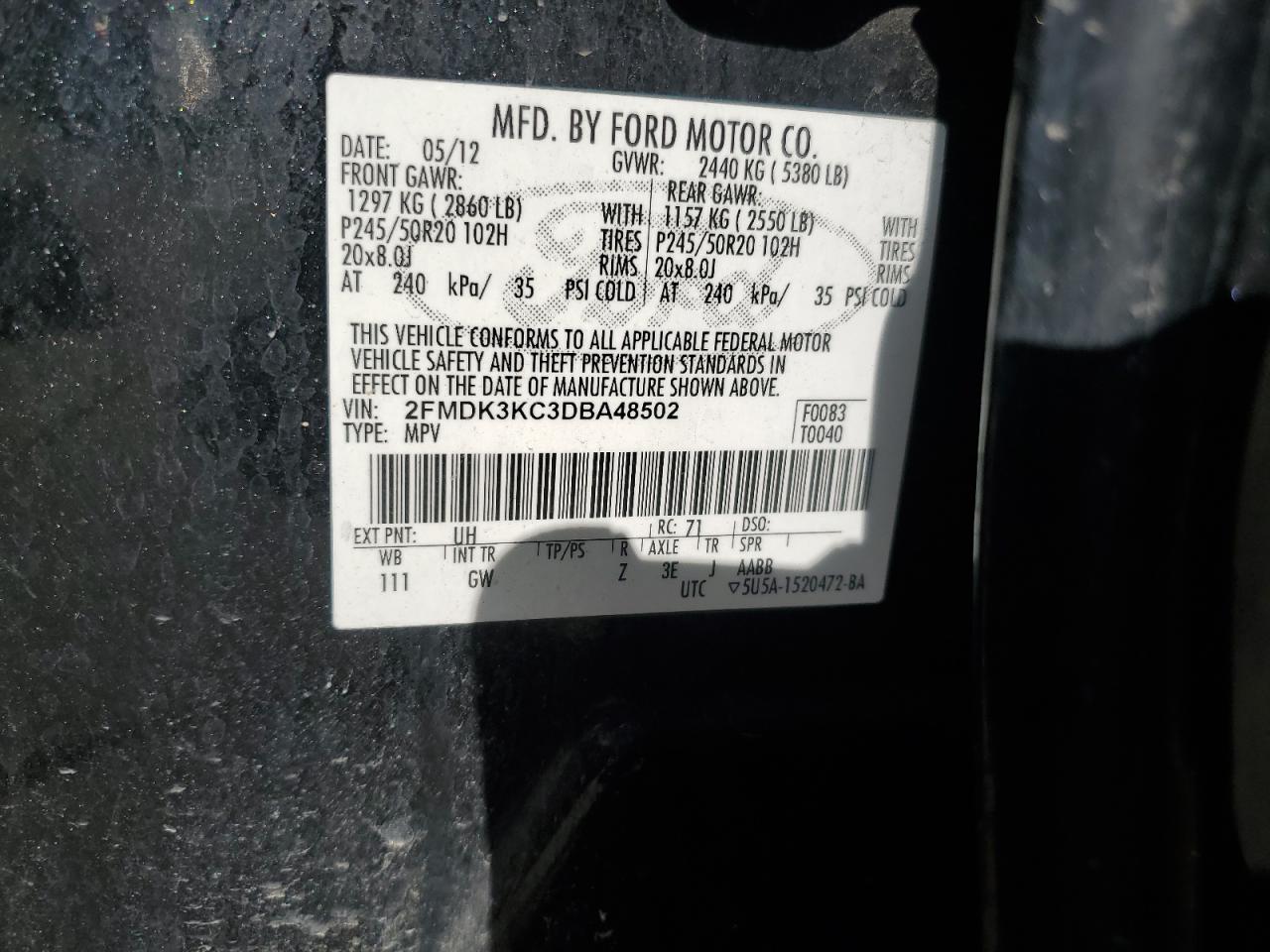 2013 Ford Edge Limited VIN: 2FMDK3KC3DBA48502 Lot: 56236905