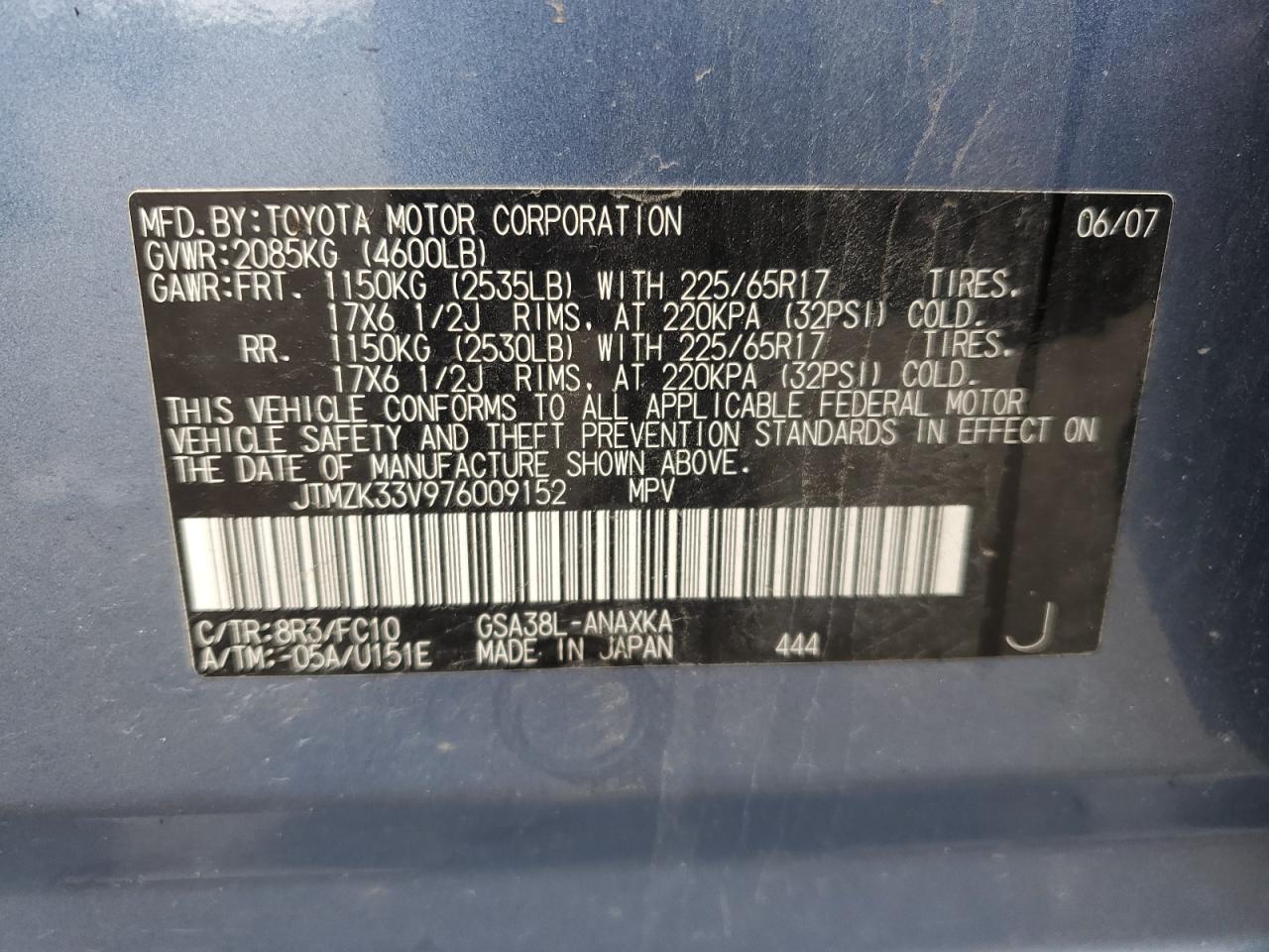 2007 Toyota Rav4 VIN: JTMZK33V976009152 Lot: 54611195