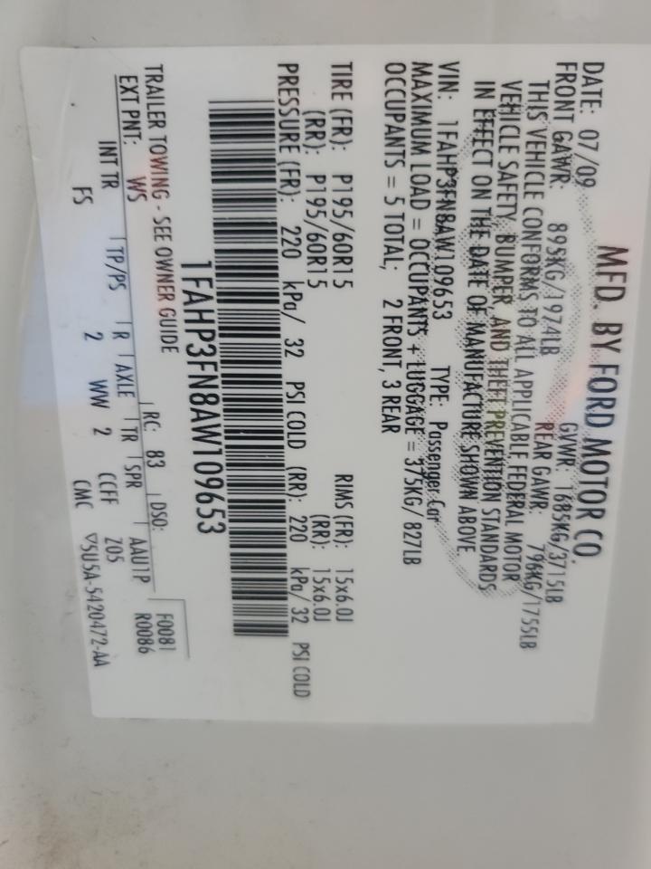 2010 Ford Focus Se VIN: 1FAHP3FN8AW109653 Lot: 56377485