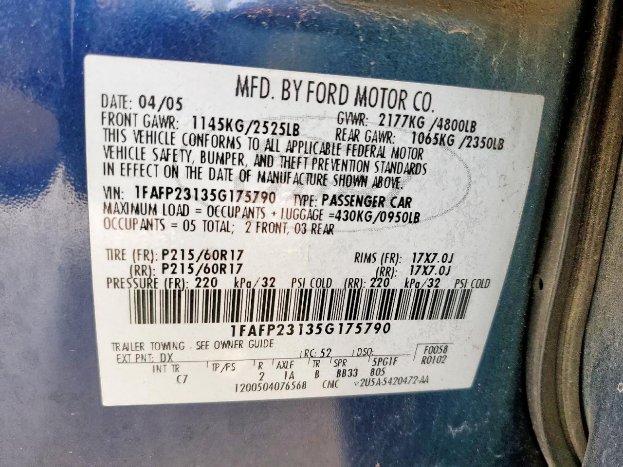 2005 Ford Five Hundred Se VIN: 1FAFP23135G175790 Lot: 56588085