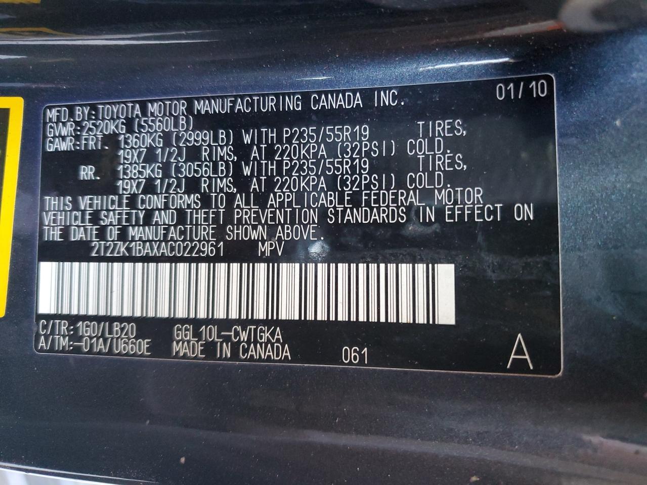 2010 Lexus Rx 350 VIN: 2T2ZK1BAXAC022961 Lot: 56685165