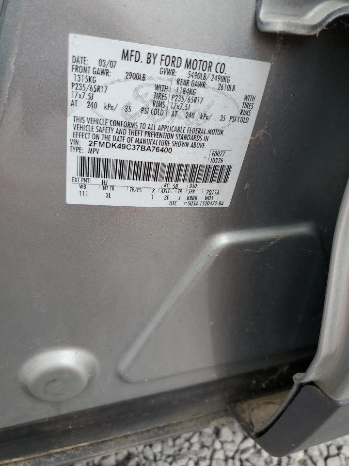 2007 Ford Edge Sel Plus VIN: 2FMDK49C37BA76400 Lot: 57286495