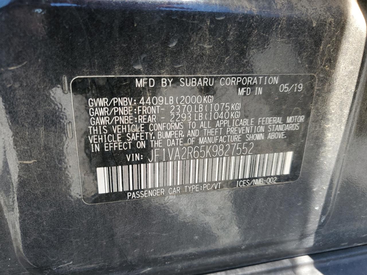 jf1va2r65k9827552 JF1VA2R65K9827552 2019 Subaru Wrx Sti
