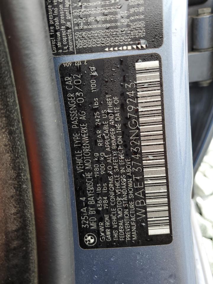 2002 BMW 325 I VIN: WBAET37432NG79243 Lot: 58827565
