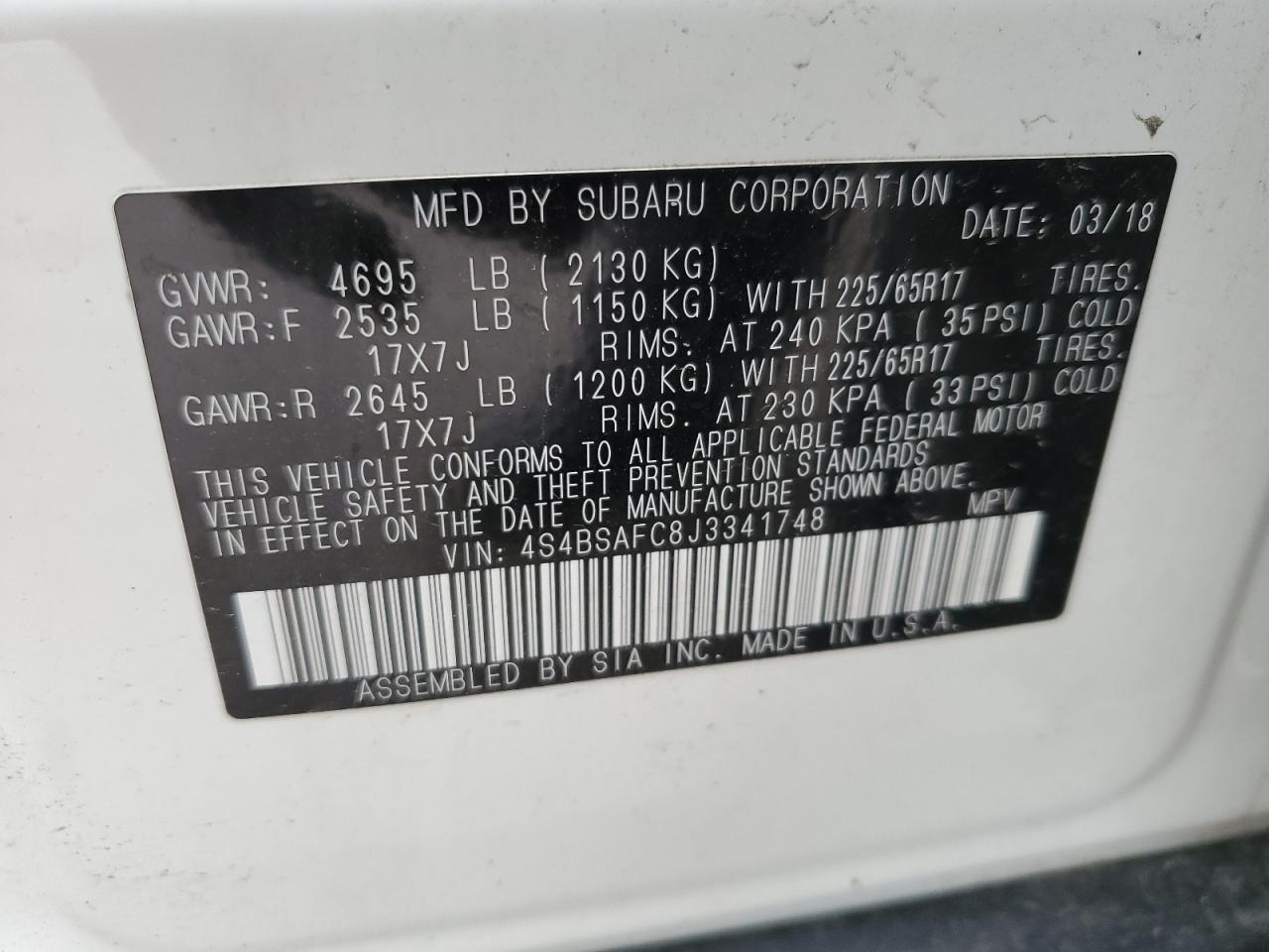2018 Subaru Outback 2.5I Premium VIN: 4S4BSAFC8J3341748 Lot: 56565525