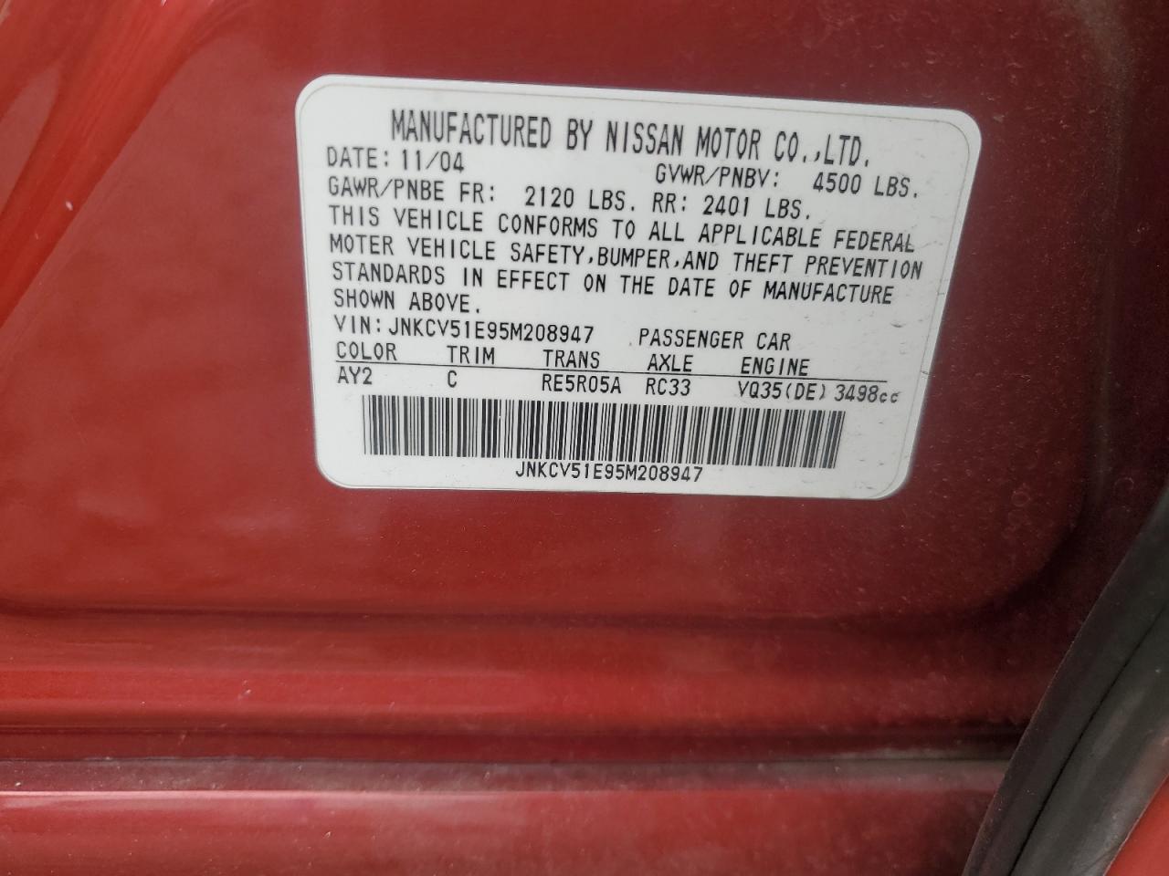 2005 Infiniti G35 VIN: JNKCV51E95M208947 Lot: 58639405