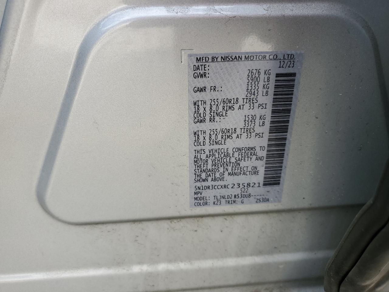2024 Nissan Pathfinder Sl VIN: 5N1DR3CCXRC235821 Lot: 57229415