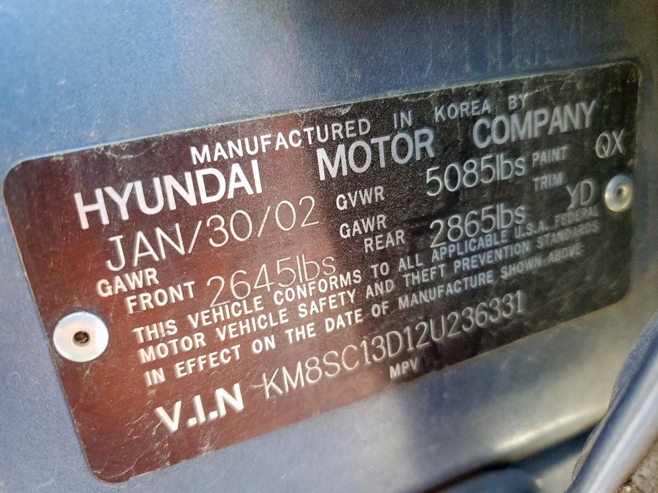 2002 Hyundai Santa Fe Gls VIN: KM8SC13D12U236331 Lot: 56465815