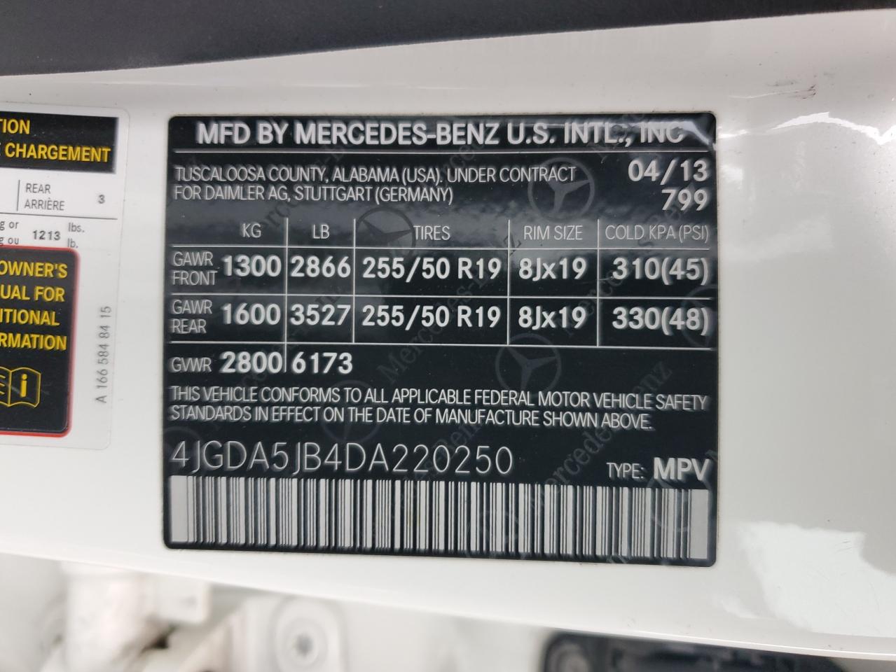 2013 Mercedes-Benz Ml 350 VIN: 4JGDA5JB4DA220250 Lot: 57507165