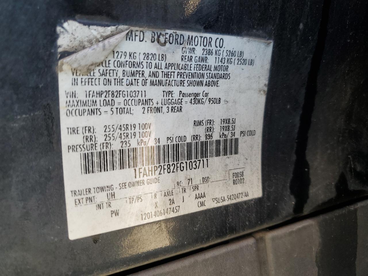 2015 Ford Taurus Limited VIN: 1FAHP2F82FG103711 Lot: 57158265