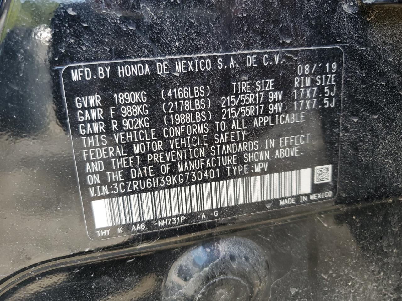 2019 Honda Hr-V Lx VIN: 3CZRU6H39KG730401 Lot: 56830325