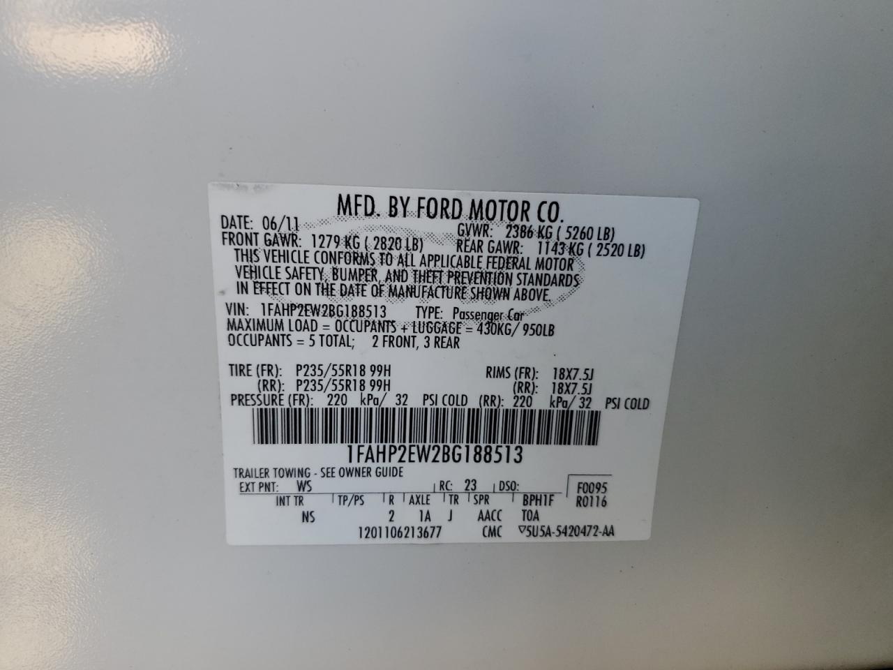 2011 Ford Taurus Sel VIN: 1FAHP2EW2BG188513 Lot: 58017755
