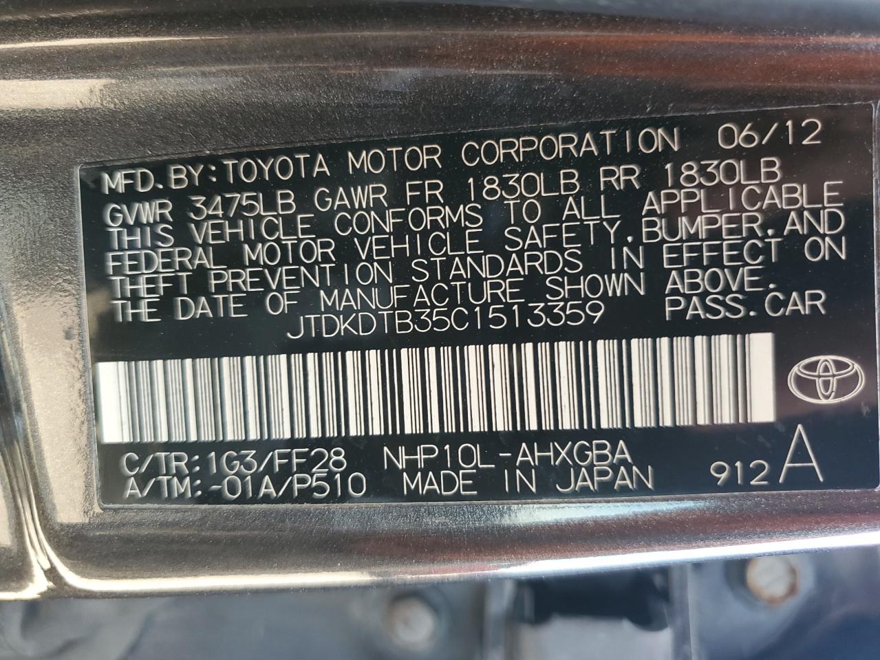 2012 Toyota Prius C VIN: JTDKDTB35C1513359 Lot: 56899855