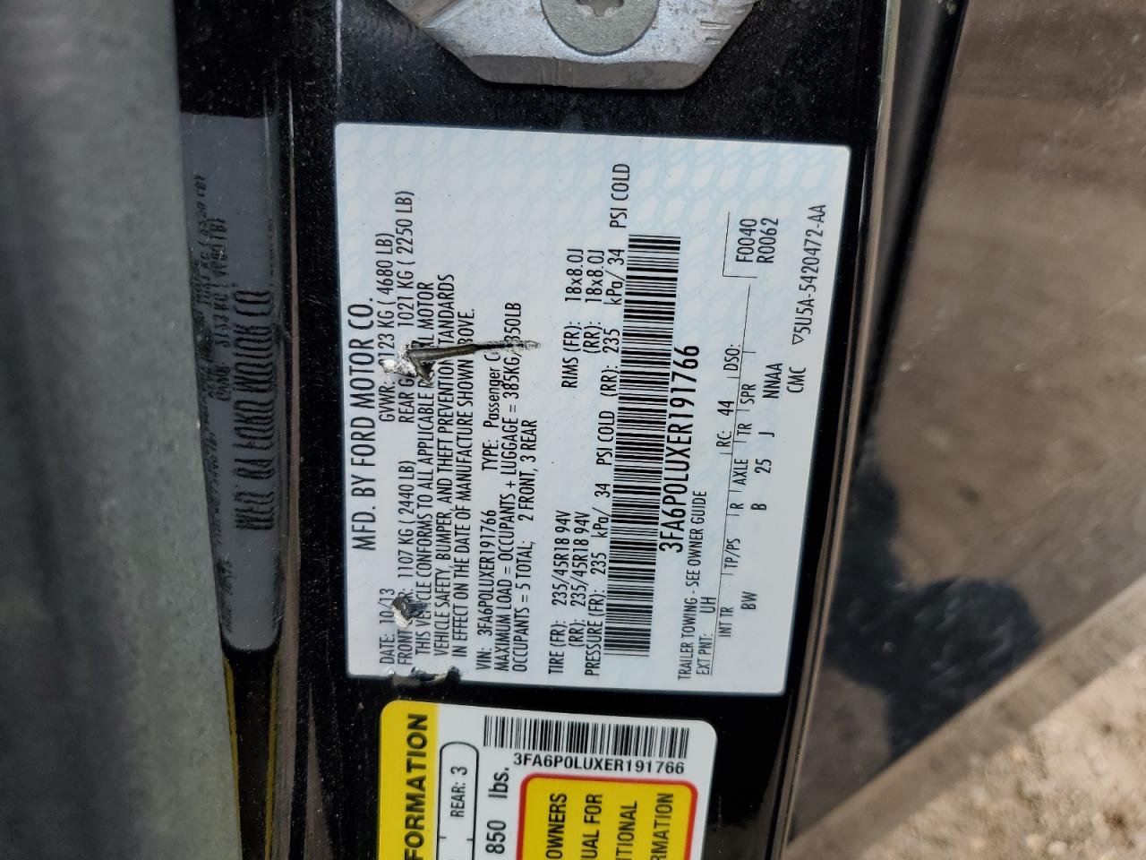 2014 Ford Fusion Se Hybrid VIN: 3FA6P0LUXER191766 Lot: 56682295