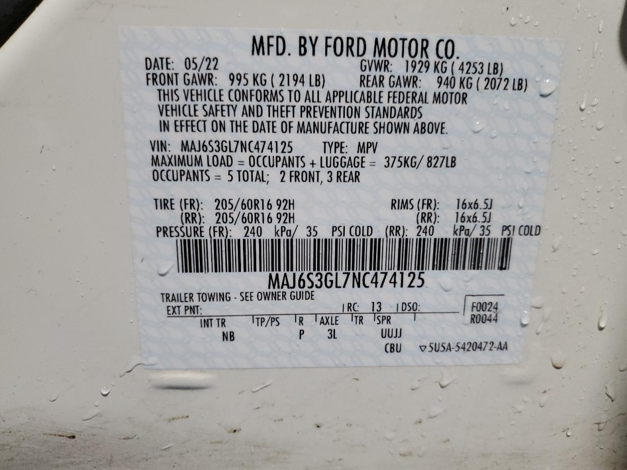2022 Ford Ecosport Se VIN: MAJ6S3GL7NC474125 Lot: 55981325