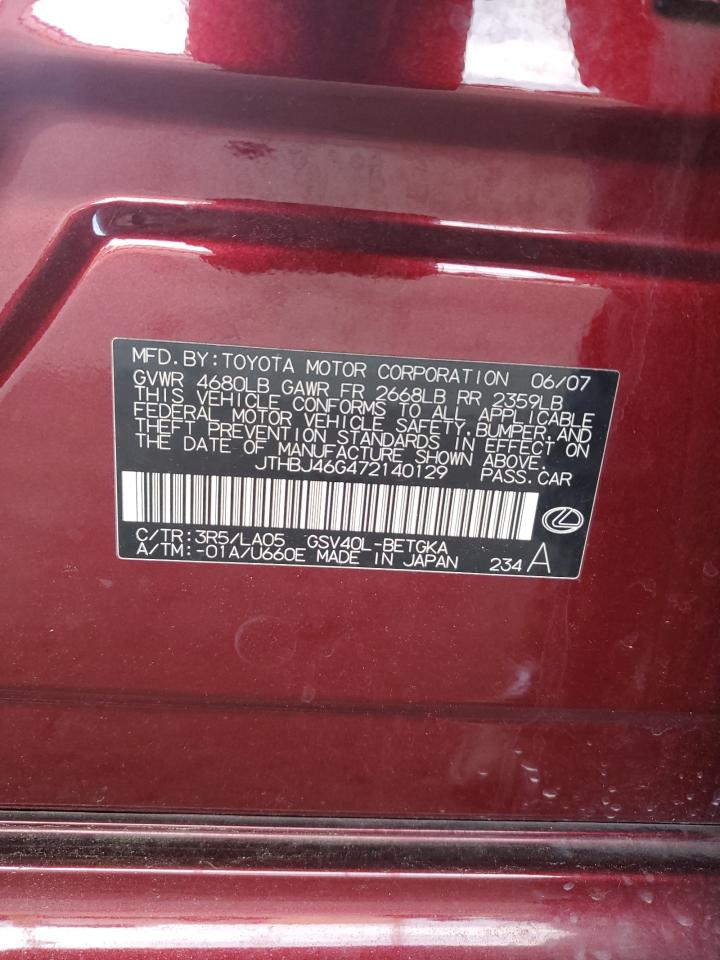 2007 Lexus Es 350 VIN: JTHBJ46G472140129 Lot: 56170365