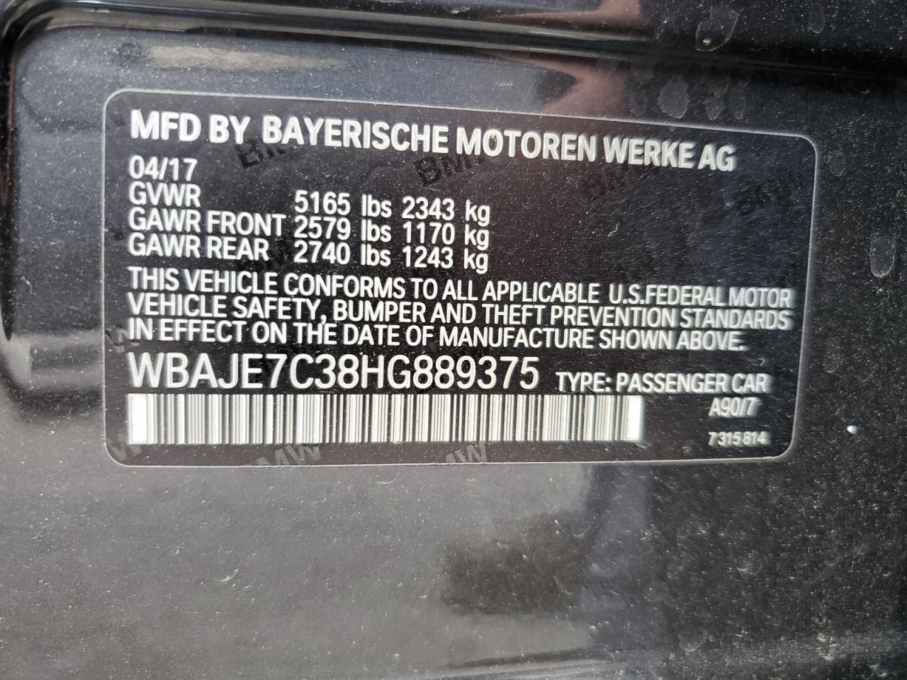 2017 BMW 540 Xi VIN: WBAJE7C38HG889375 Lot: 57079065