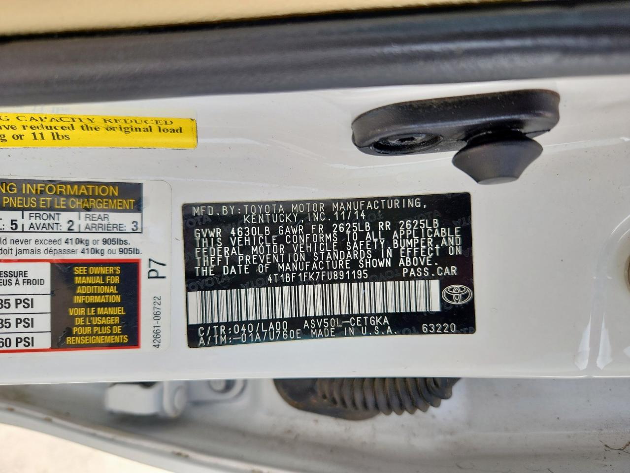 2015 Toyota Camry Le VIN: 4T1BF1FK7FU891195 Lot: 56657375