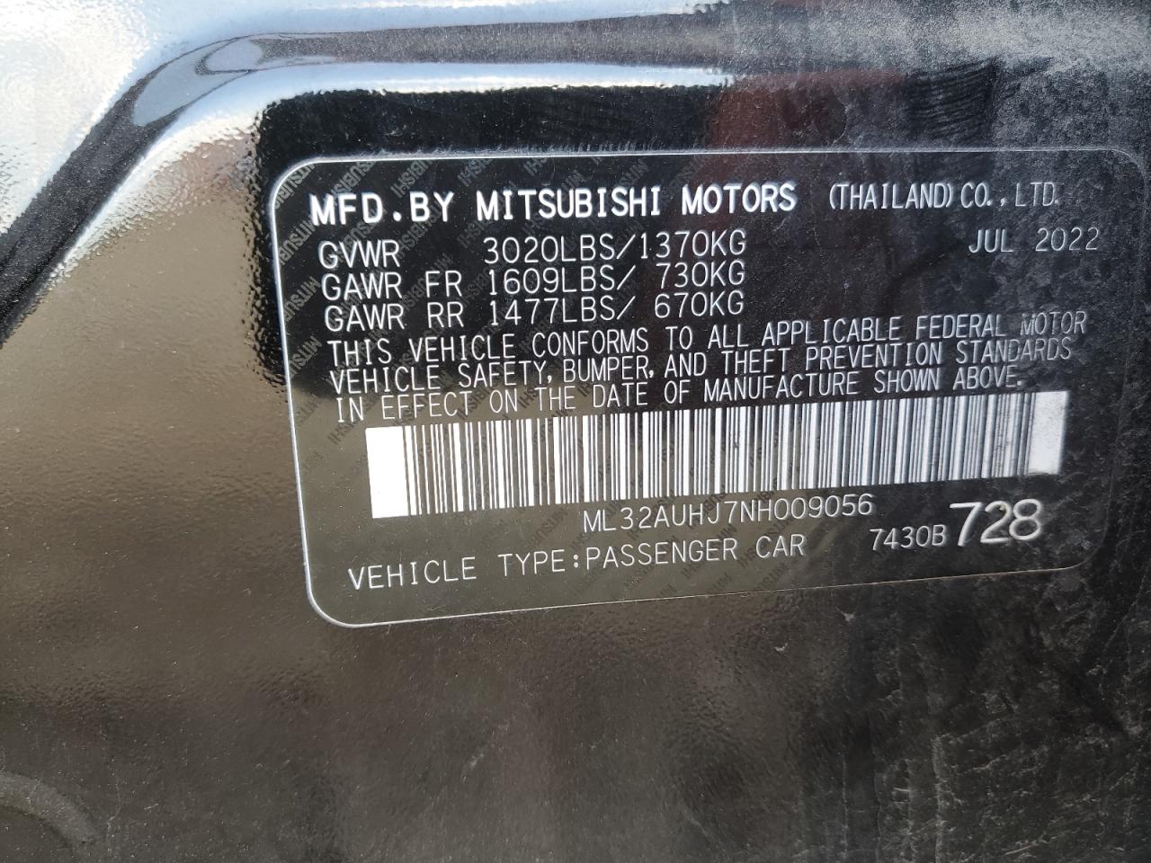 2022 Mitsubishi Mirage Es VIN: ML32AUHJ7NH009056 Lot: 56380175