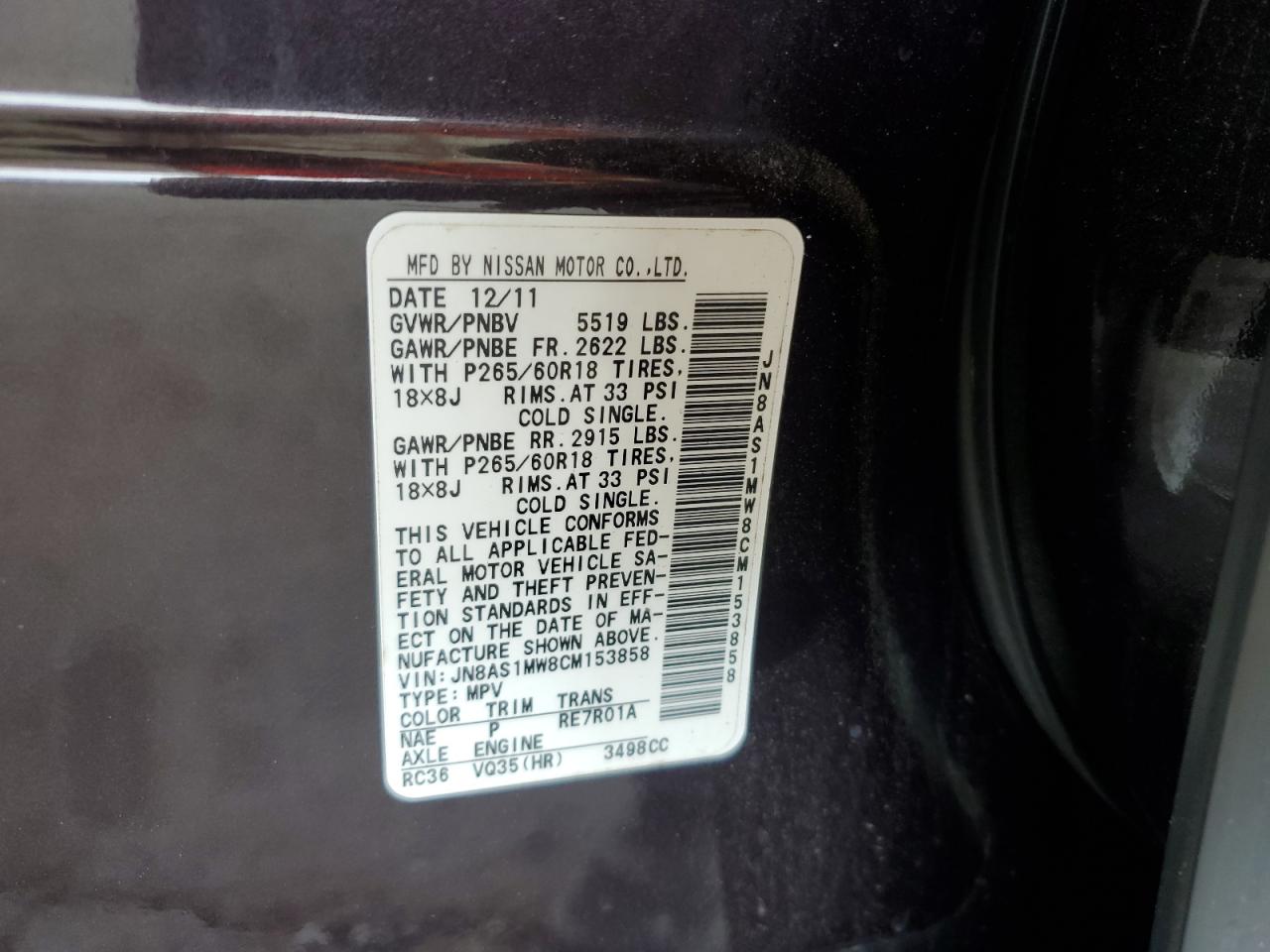 2012 Infiniti Fx35 VIN: JN8AS1MW8CM153858 Lot: 57336515