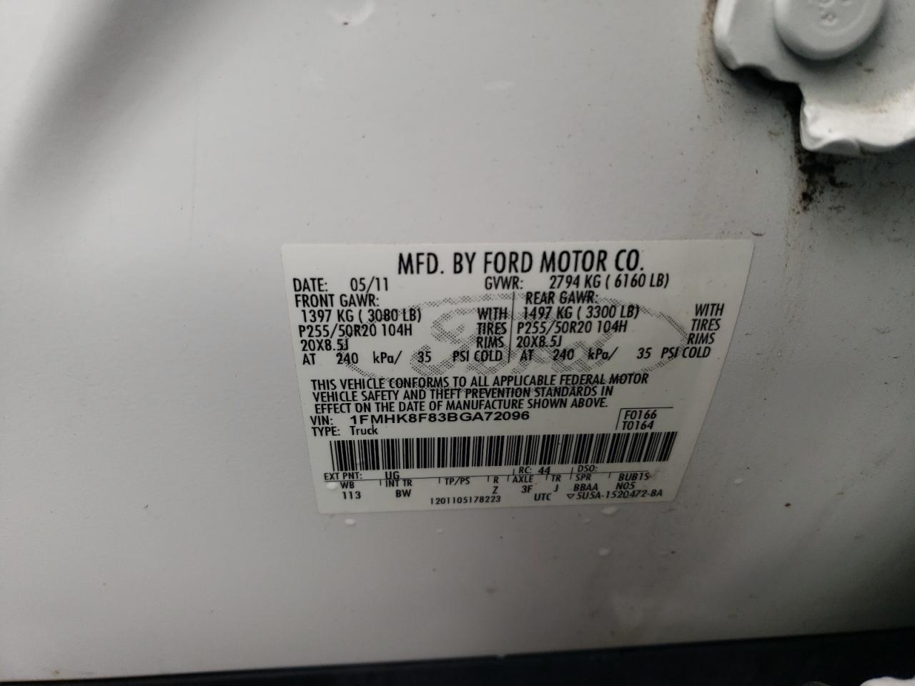 2011 Ford Explorer Limited VIN: 1FMHK8F83BGA72096 Lot: 56650845