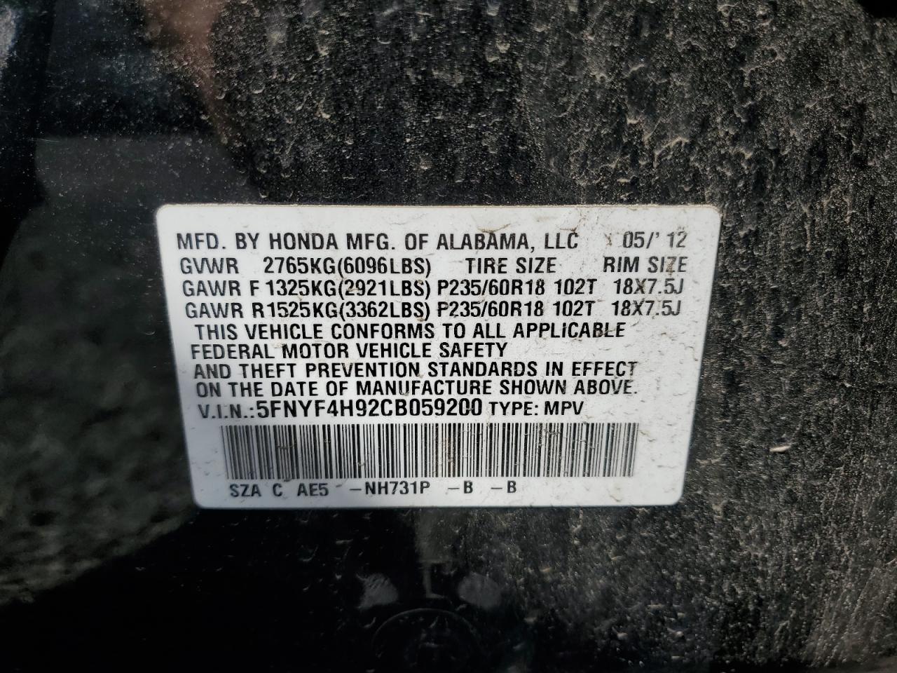 2012 Honda Pilot Touring VIN: 5FNYF4H92CB059200 Lot: 55267215