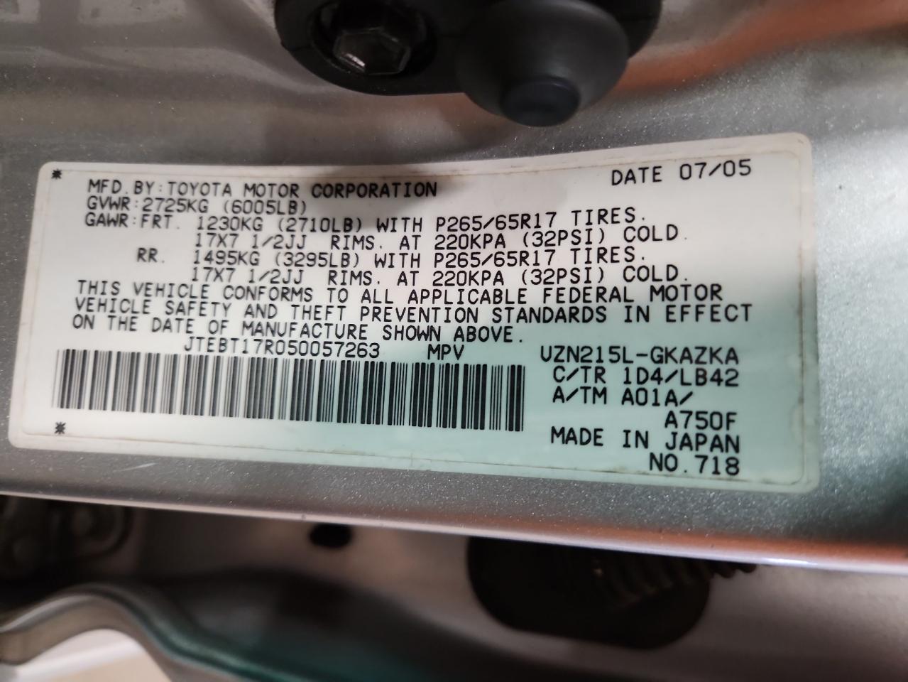 2005 Toyota 4Runner Limited VIN: JTEBT17R050057263 Lot: 58512145