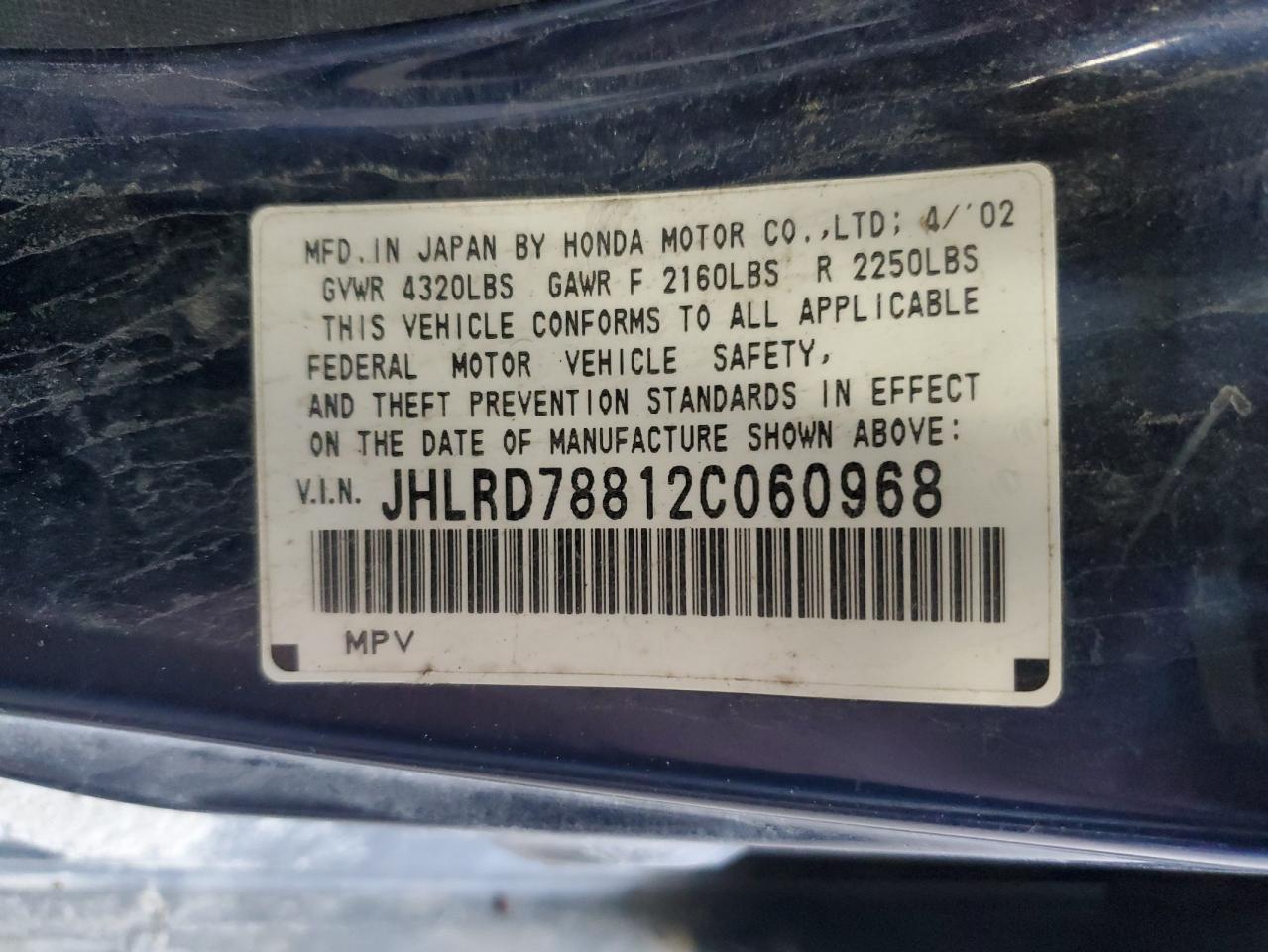 2002 Honda Cr-V Ex VIN: JHLRD78812C060968 Lot: 57203365
