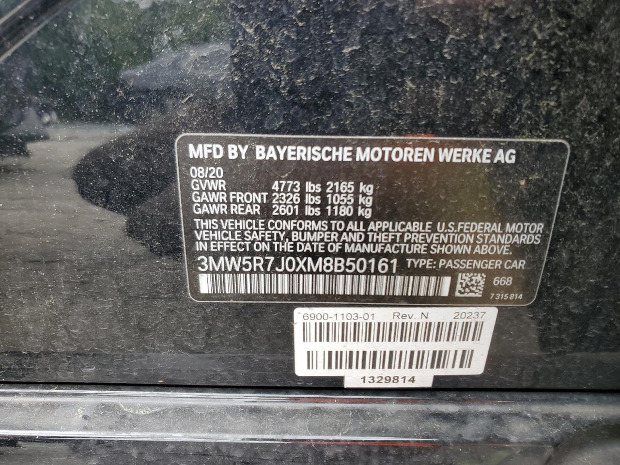 2021 BMW 330Xi VIN: 3MW5R7J0XM8B50161 Lot: 58803665