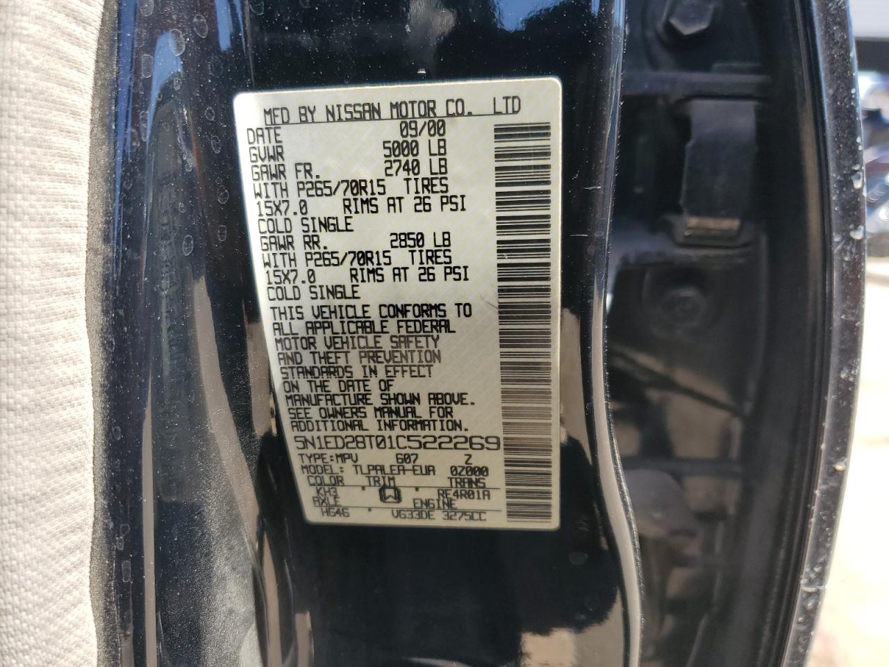 2001 Nissan Xterra Xe VIN: 5N1ED28T01C522269 Lot: 56997515
