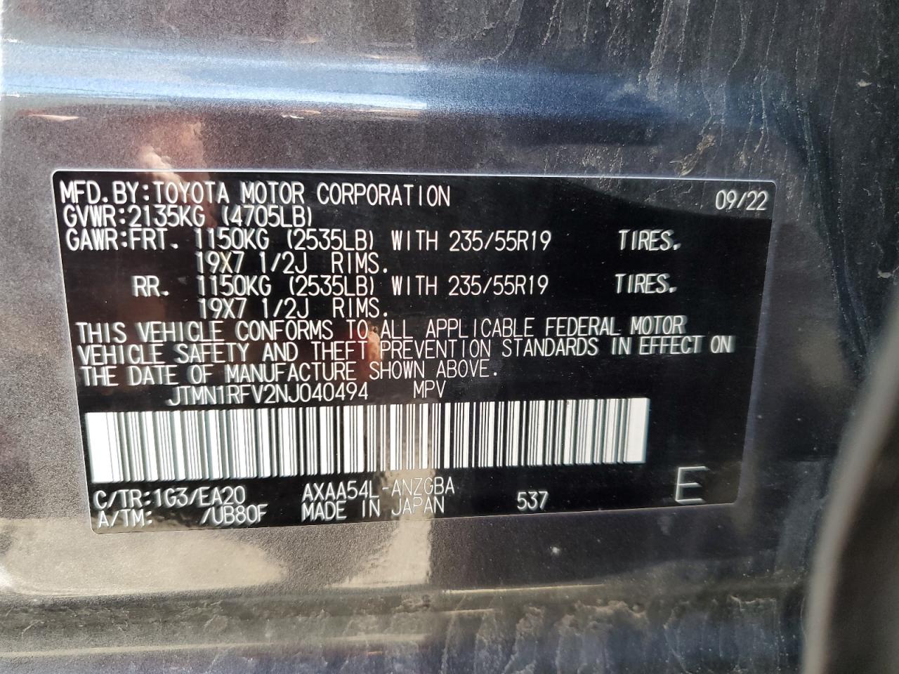 2022 Toyota Rav4 Limited VIN: JTMN1RFV2NJ040494 Lot: 56639655