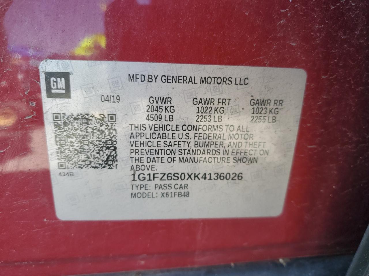 2019 Chevrolet Bolt Ev Premier VIN: 1G1FZ6S0XK4136026 Lot: 56535835