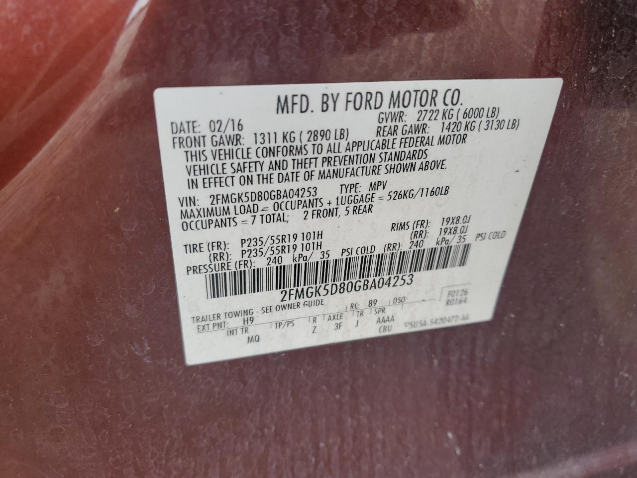 2016 Ford Flex Limited VIN: 2FMGK5D80GBA04253 Lot: 56335925