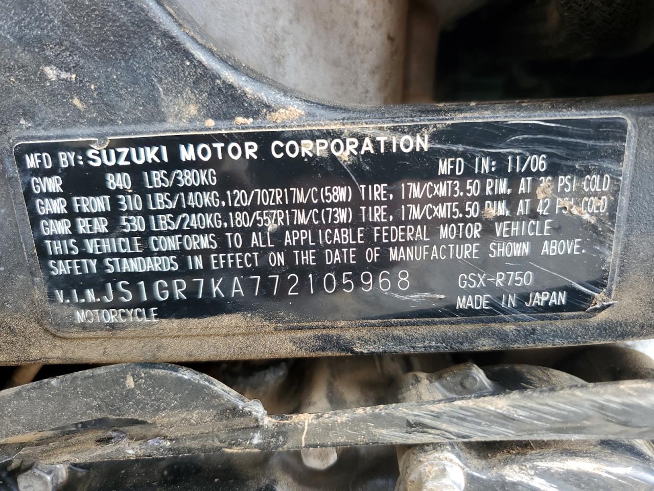 2007 Suzuki Gsx-R750 VIN: JS1GR7KA772105968 Lot: 55139745
