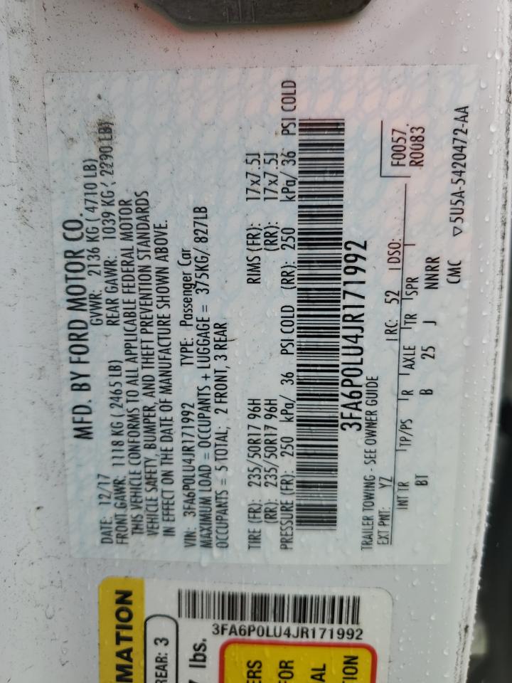 2018 Ford Fusion Se Hybrid VIN: 3FA6P0LU4JR171992 Lot: 54039295