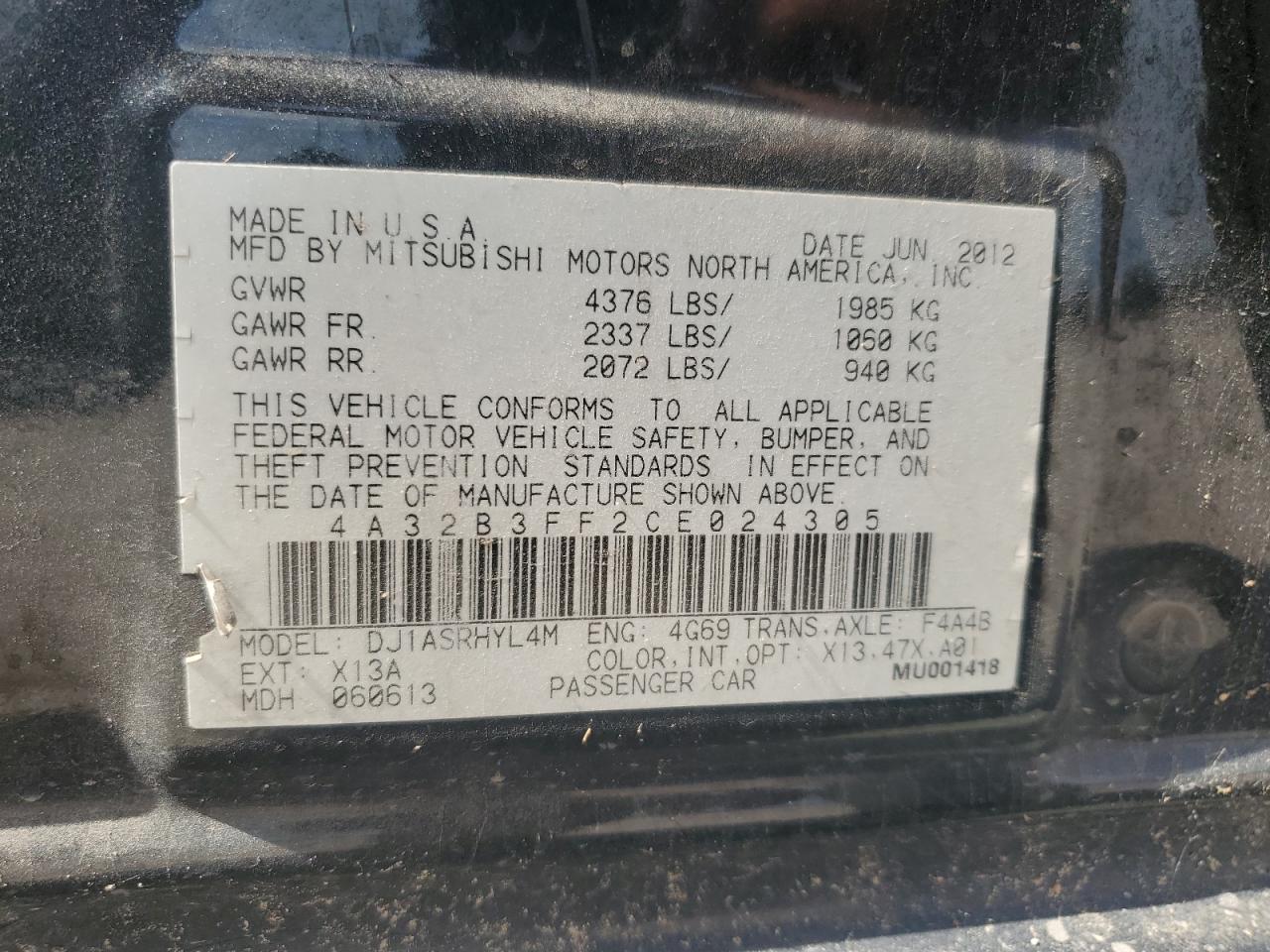 2012 Mitsubishi Galant Es VIN: 4A32B3FF2CE024305 Lot: 56961035