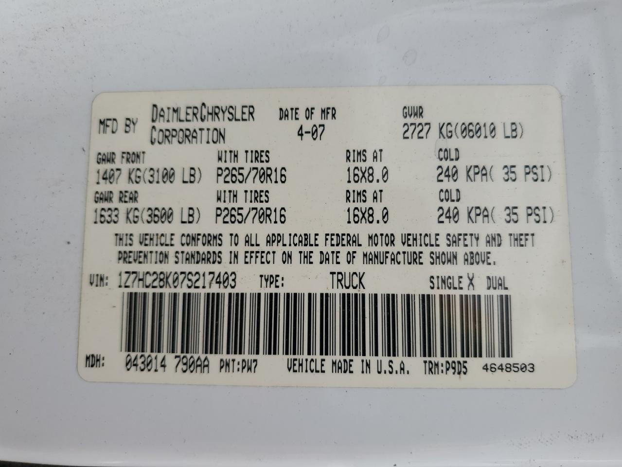 2007 Mitsubishi Raider Ls VIN: 1Z7HC28K07S217403 Lot: 55861765