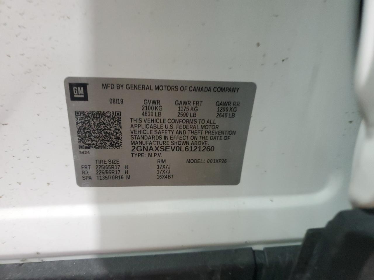 2020 Chevrolet Equinox Ls VIN: 2GNAXSEV0L6121260 Lot: 54696865