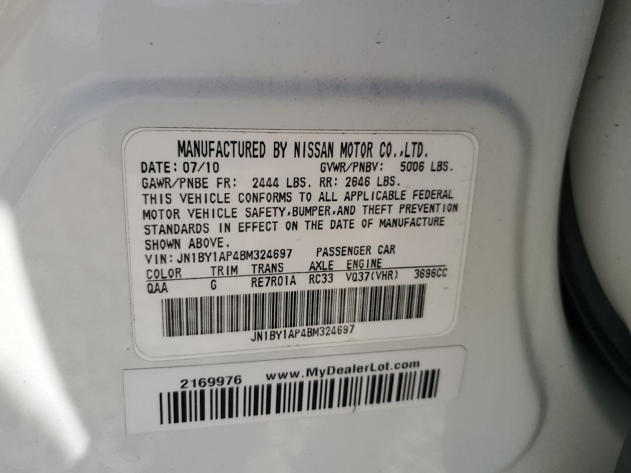 2011 Infiniti M37 VIN: JN1BY1AP4BM324697 Lot: 55669405
