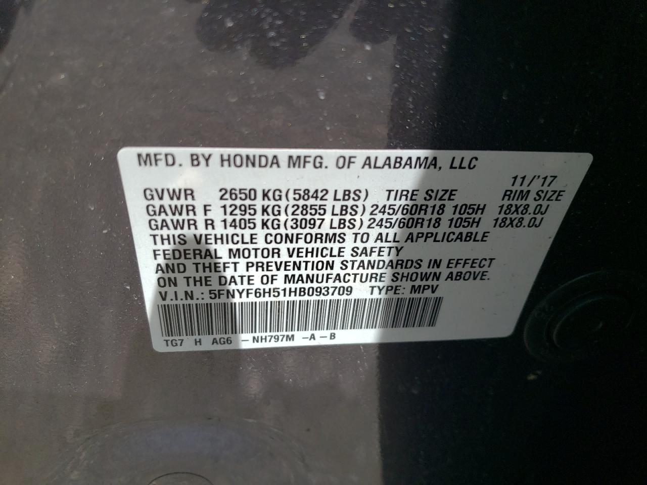 2017 Honda Pilot Exl VIN: 5FNYF6H51HB093709 Lot: 56505755