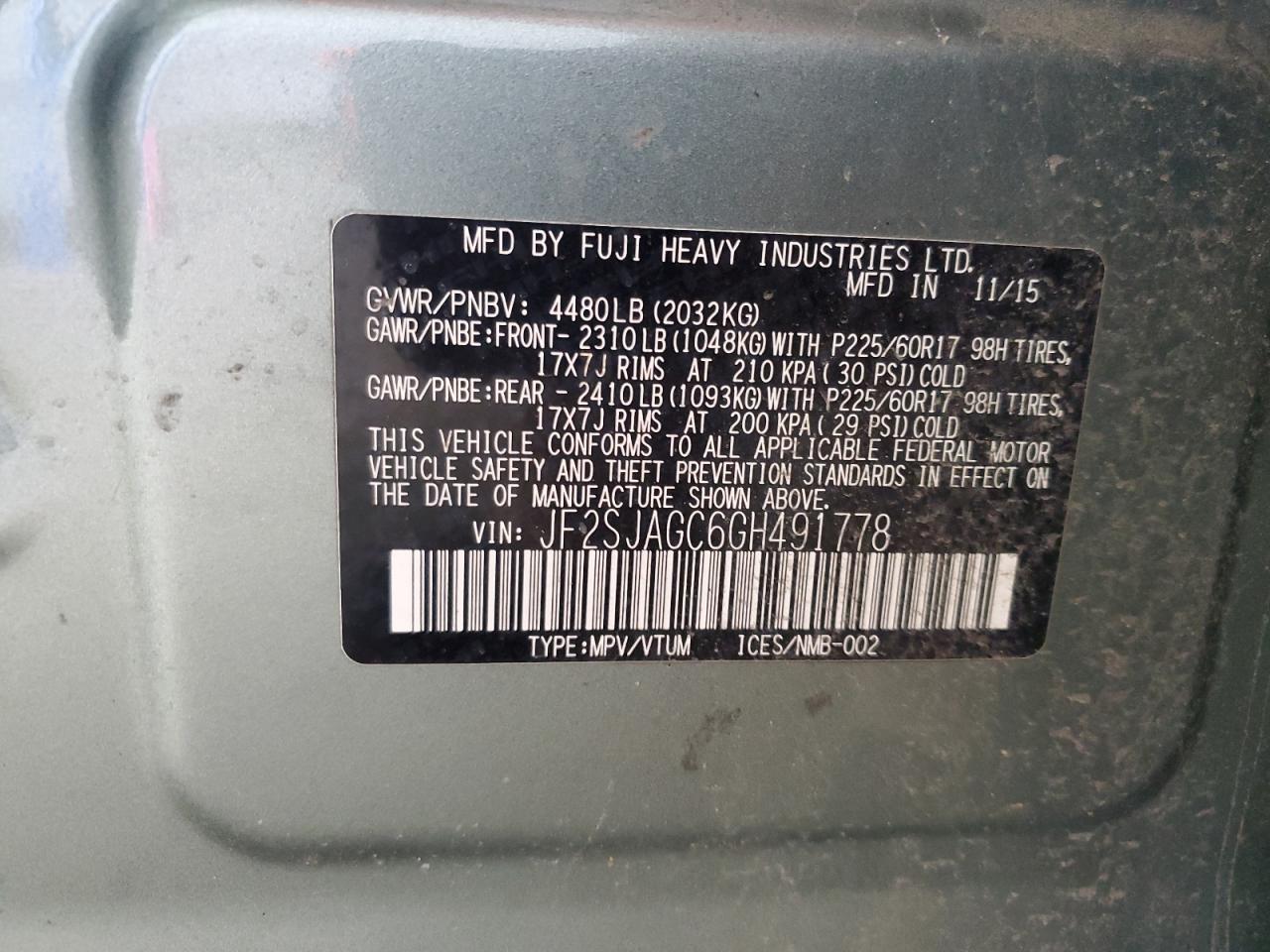 2016 Subaru Forester 2.5I Premium VIN: JF2SJAGC6GH491778 Lot: 56023725