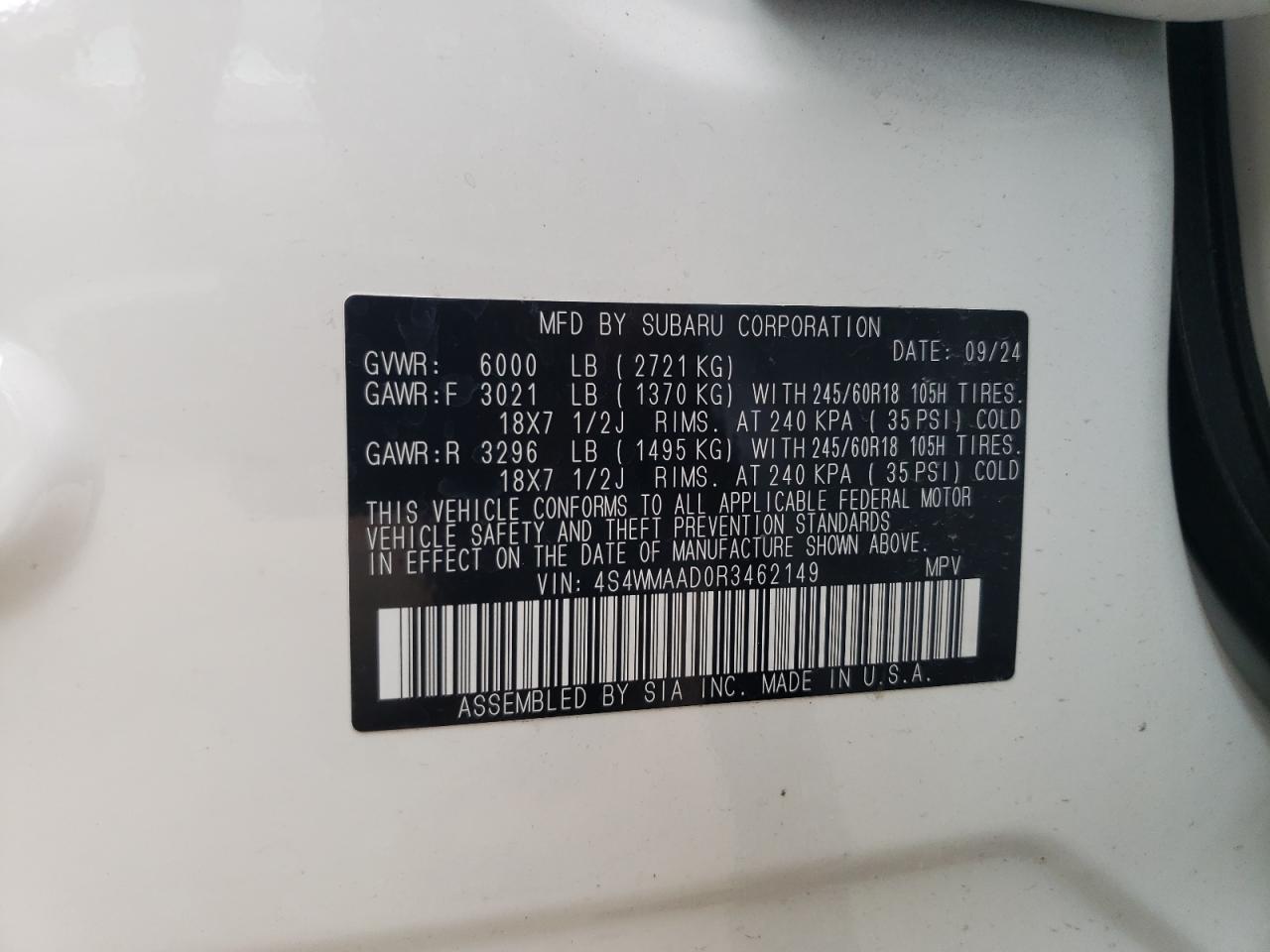 2024 Subaru Ascent VIN: 4S4WMAAD0R3462149 Lot: 56528585