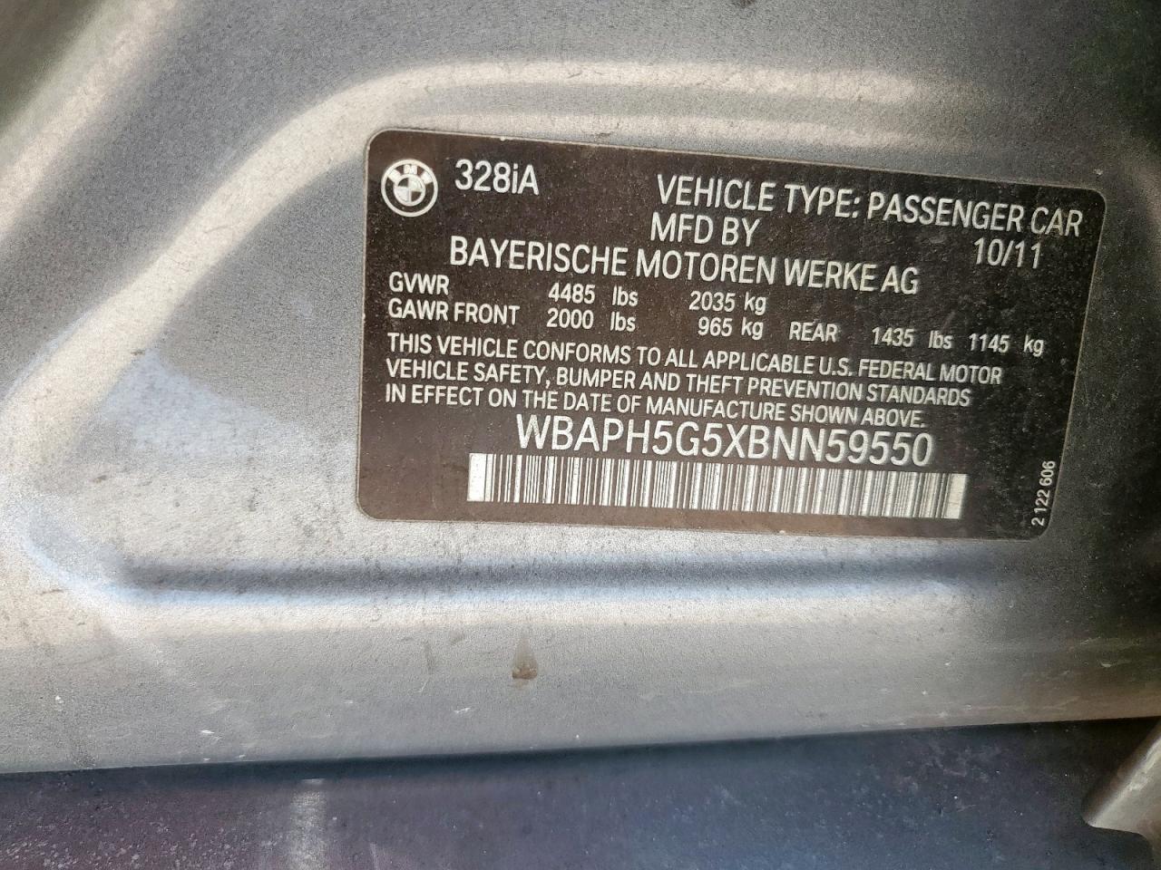 2011 BMW 328 I Sulev VIN: WBAPH5G5XBNN59550 Lot: 57128645